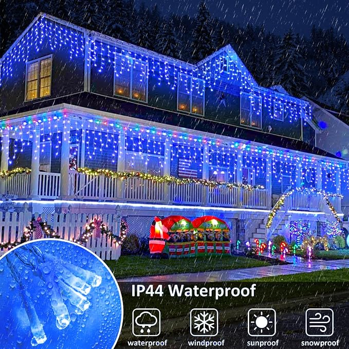 Icicle Christmas Lights Outdoor - 98FT 1216 LED Icicle Lights for Outside with 8 Modes Timer, 228 Drops Waterproof Hanging String Lights Indoor for House Holiday Party Wedding Decorations, Blue