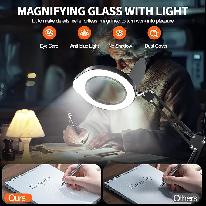 KimFilter 10X Magnifying Glass with Light and Stand | Dust Cover Design, 5 Color Temp Modes Dimmable LED Magnifying Lamp with Swing Arm | Hands Free Desk Magnifying Light for Crafts, Read & Close Work
