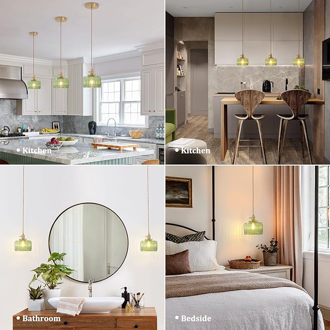 Shenmoyl Pendant Light with Green Striped Glass Lmapshade, Brass Vintage Pendant Light Adjustable Hanging Light for Kitchen Island Dining Room Hallway