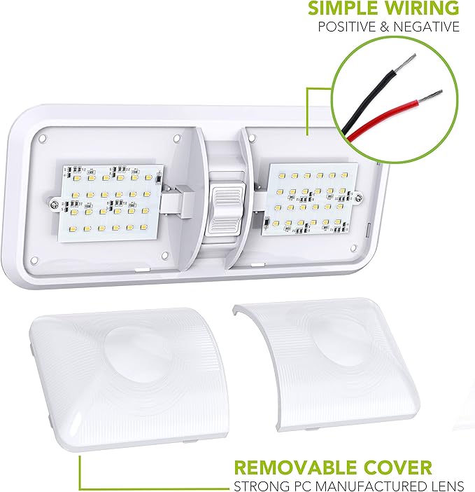 Leisure LED 2 Pack RV LED Ceiling Double Dome Light Fixture with ON/Off Switch Interior Lighting for Car/RV/Trailer/Camper/Boat DC 12V 48X2835SMD (Frosted Lens Natural White 4000-4500K, 2-Pack)