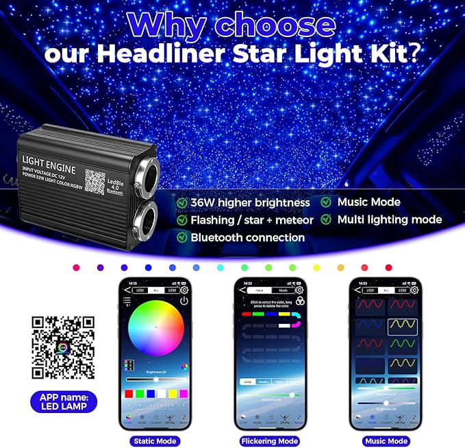 32W Headliner Light Kit, Twinkle Starlights for Car Decor 1000pcs 0.03in 9.8ft, Fiber Optic Star Ceiling Lights APP/Remote Control, Music Sync & Sound Activated RGBW for Car & Home Ceiling