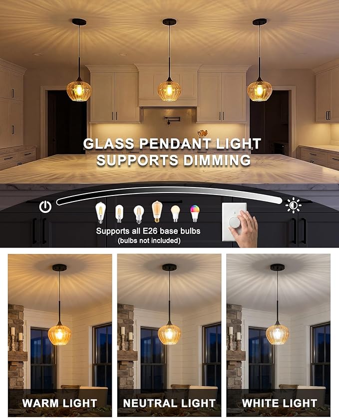 2-Pack Amber Pendant Lights for Kitchen Island, 7" Vintage Glass Pendant Lighting Mini Light Fixtures Adjustable Hanging Light for Kitchen, Dining Room, Bar, Bathroom