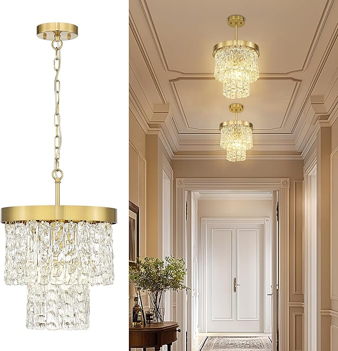 Water Ripple Gold Chandelier, 2-Tier 10'' Pendant Lights Kitchen Island, Vintage Chandeliers for Dining Room Kitchen Island Bedroom Entryway, CC4848-1P-PG