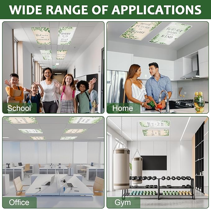 QOUBAI 8PCS Fluorescent Light Covers, 4x2 Feet Magnetic Light Cover Fluorescent Lights Shade Panel Positive Inspirational Ceiling Lights Filters for Office Classroom Home Drop Ceiling Eucalyptus