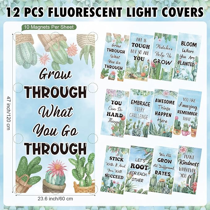 Capoda 12 Pcs Fluorescent Light Covers for Ceiling Lights 4 x 2 Ft Magnetic Cactus Light Covers Positive Fluorescent Ceiling Shade Filters for Classroom Home Hospital Office Cubicle Party Decor