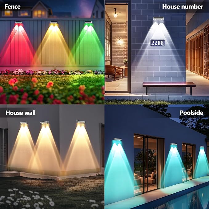 Brizled White Solar Fence Lights Outdoor, 11 Modes & 9 Colors Color Changing Solar Wall Lights, 100 Lumens IP65 Waterproof Outdoor Deck Lighting for Railing Wall Fence Poolside, 8 Pack