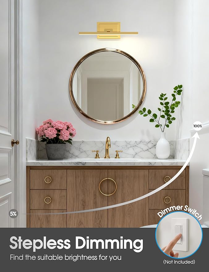 VOLISUN Bathroom Vanity Light 15.7 inch, 12W Dimmable 5CCT Led Bathroom Light Fixture Over Mirror, Gold Bar Vanity Light for Bathrooms-ETL Certificated