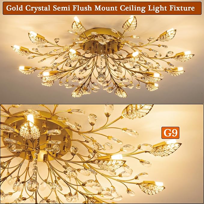 Crystal Ceiling Light Fixture Gold Leaves Semi Flush Mount Ceiling Lights,Kitchen Lighting Fixtures Ceiling for Bedroom Living Room Dining Room Hallway