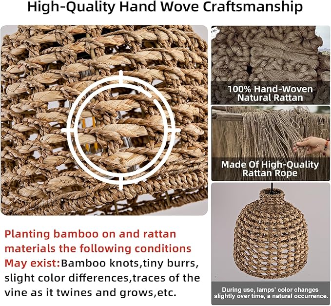 Mini Rattan Pendant Light Fixtures,9.06" Boho Pendant Light,3-Pack Hand Woven Seagrass Rattan Chandelier for Dining Living Bedroom Kitchen Farmhouse