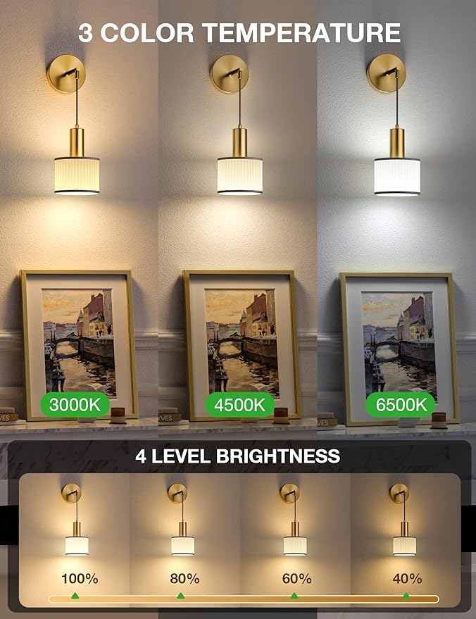 NIORSUN Battery Operated Wall Sconce Set of 2, Black Gold & Off-White Wireless Rechargeable Wall Lights with 5200mAh Dimmable Detachable Bulbs and Remote, 9 Colors Sconces Wall Decor for Living Room