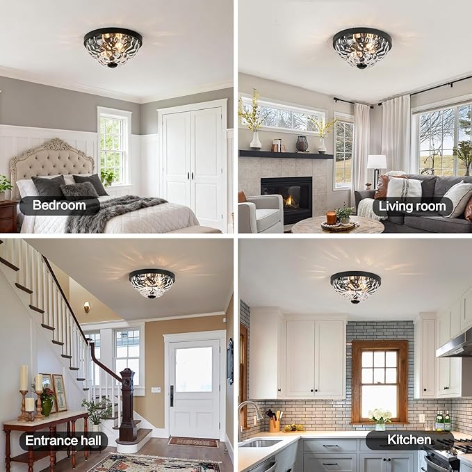 Flush Mount Ceiling Light Fixtures, 2-Light Ceiling Mount for Farmhouse with Seeded Glass Lampshade, Industrial Flush Mount Light Fixture Farmhouse for Hallway, Kitchen, Entryway,Bedroom