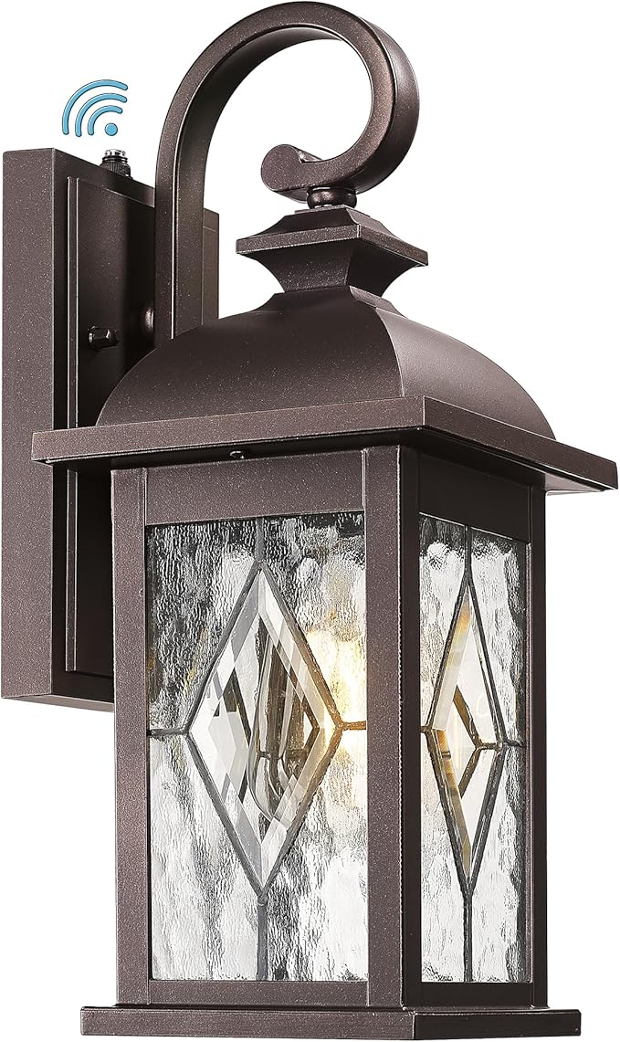 FEMILA Dusk to Dawn Outdoor Wall Light Fixtures, 15" Exterior Waterproof Wall Sconce, Front Porch Lights, ORB Finish with Hammered Glass, E26, UL Listed, 4FD54B-PC ORB-SD
