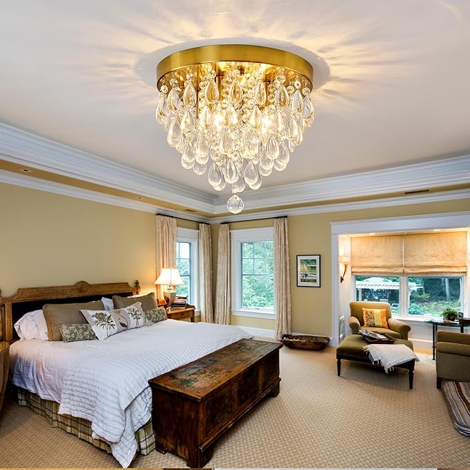 YYJLX Crystal Flush Mount Ceiling Light Modern Crystal Chandelier Gold 4-Light Fixture for Hallway Bedroom Entryway Bathroom Closet