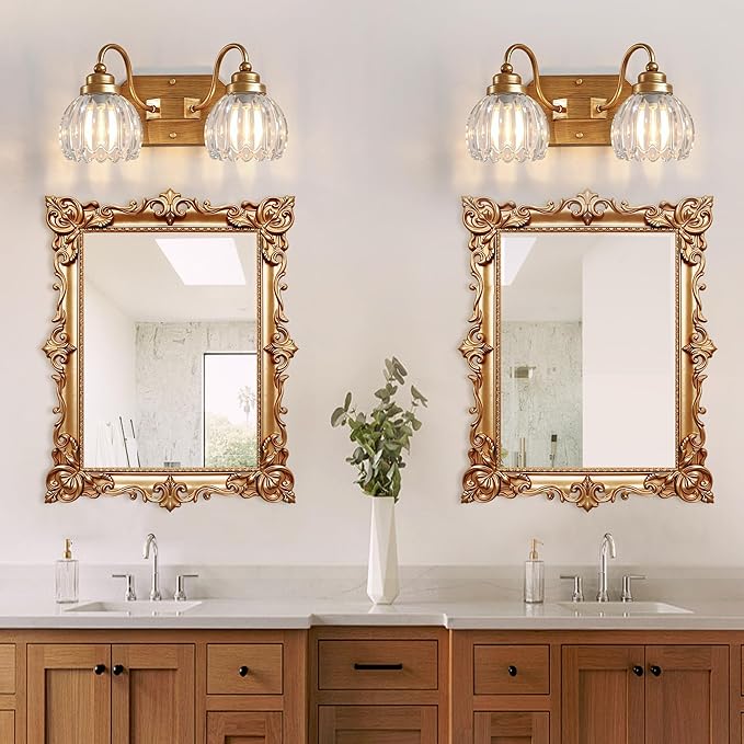 Gold Vanity Light, Vintage Bathroom Light Fixtures, 2-Light Matte Antique Brass Finish with Crystal Glass Shade, Mid Century Style Wall Sconces for Bedroom, Living Room