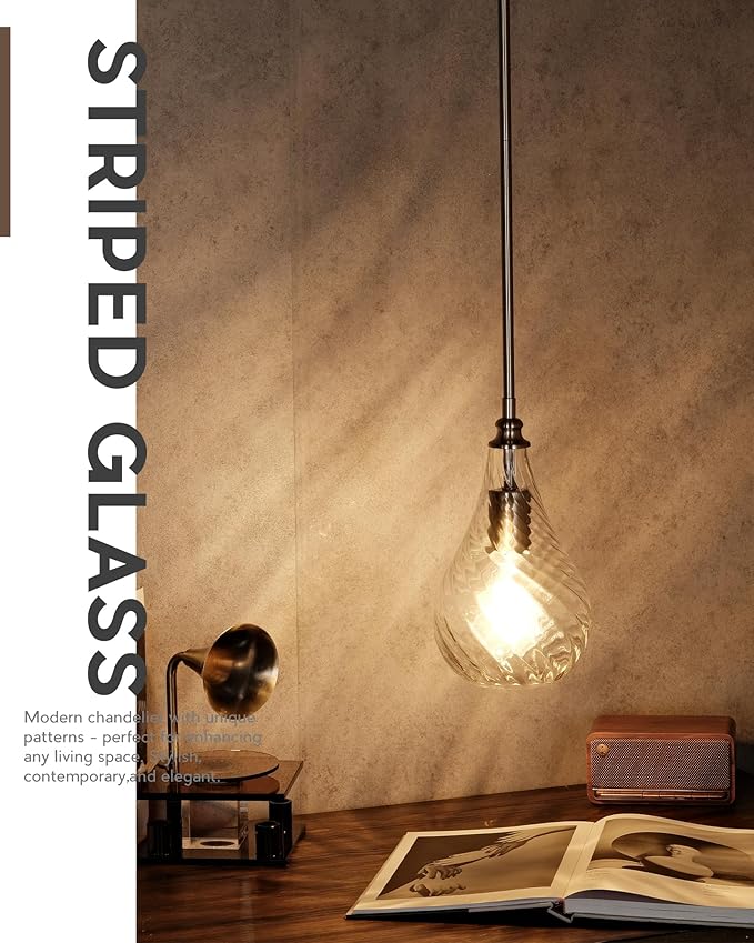 TENGXIN 2 Pack Pendant Lights Kitchen Island,Brushed Nickel Finished Striped Glass Hanging Pendant Light,Farmhouse Pendant Light for Dining Room,Bedroom,6 Inch