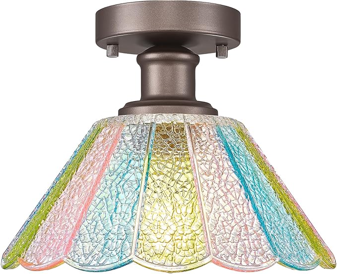 10 Inch Semi Flush Mount Ceiling Light Fixture, HWH Rustic Ceiling Light Fixture for Hallway Entryway with Colored Floral Glass, Oil-Rubbed Bronze Finish, 5HJX110F ORB-C