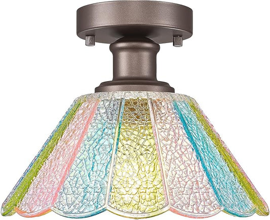 10 Inch Semi Flush Mount Ceiling Light Fixture, HWH Rustic Ceiling Light Fixture for Hallway Entryway with Colored Floral Glass, Oil-Rubbed Bronze Finish, 5HJX110F ORB-C