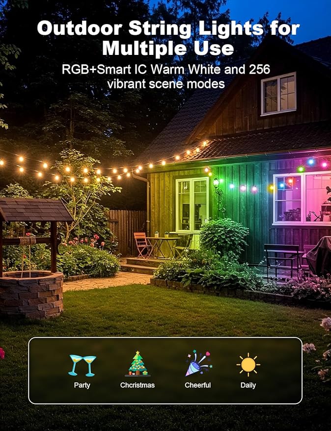 Outdoor String Lights APP Control with Remote, 118(98+12) ft RGB+IC+Warm White Outdoor Light 36 LED Bulbs, NOT Extendable, Music Sync for Garden Party Decor Christmas