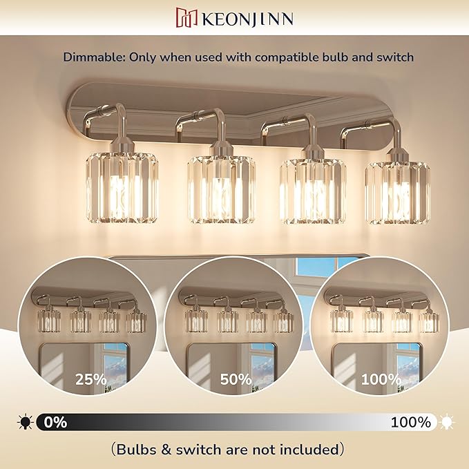 Keonjinn 3-Light Chrome Bathroom Light Fixtures, Crystal Bathroom Vanity Lights Over Mirror, Chrome Vanity Lighting Fixtures with Crystal Square Shades (E26 Base, Exclude Bulb)