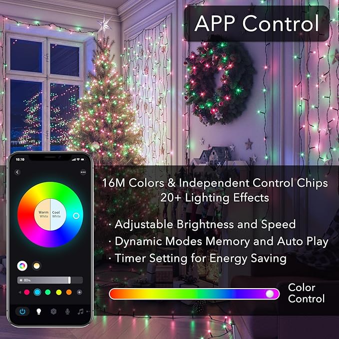 Color Changing Smart 4 of July String Lights, 66ft 200 LED RGB Lights with App & Remote Control, Timer, Music Sync, Dimmable Mini Lights for Valentine's Day Birthday Wedding Party Festival Decor