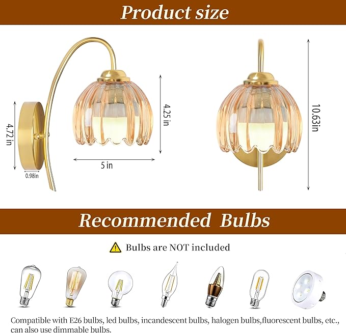 Vintage Battery Wall Sconce with Flower lampshade,Rechargeable Battery Powered Wall Lights,Wall lamp with 15 Colors for Bedroom Living Room Home Decor (Amber Tulip, 2 Light Battery Operated)