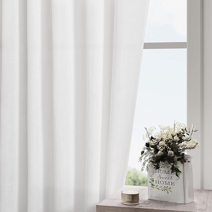 Linen White Curtains 145 inch Extra Long for Living Room Back Tab Light Filtering Semi Sheer Drapes Modern Farmhouse Coastal Decor Cotton Textured Curtain for Floor to Ceiling High Window 52x145
