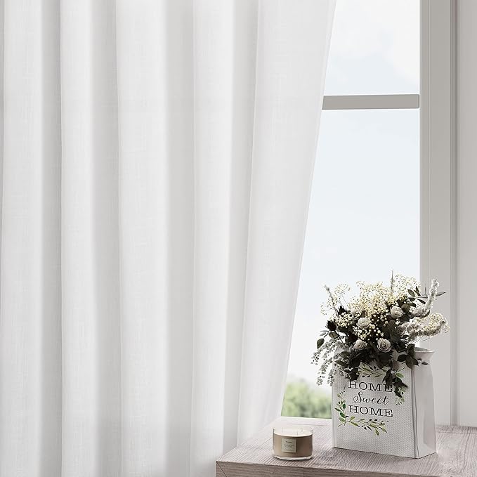 Nanspring White Linen Curtains 83 Inch Length 2 Panels Set for Living Room Back Tab Rod Pocket Semi Sheer Window Curtain Drapes Neutral Rustic Farmhouse Decor Dining Room Curtain 52x83