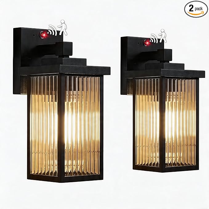 2 Pack Outdoor Motion Sensor Lights, Dusk to Dawn Outdoor Wall Light Fixtures, Waterproof Exterior Lighting for Front Porch, Garage, Entryway, Yard, House (Black)