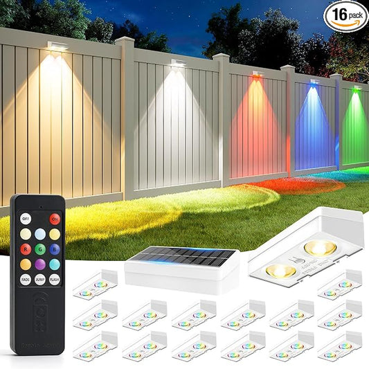 JOFIOS Solar Fence Lights Outdoor with Remote, 9 Fixed Colors ＆ Color Changing Solar Lights Outdoor Waterproof IP65 Dusk-to-Dawn Vinyl Fence Lights for Patio, Railing, Pool, Porch, Backyard, 16 Pack