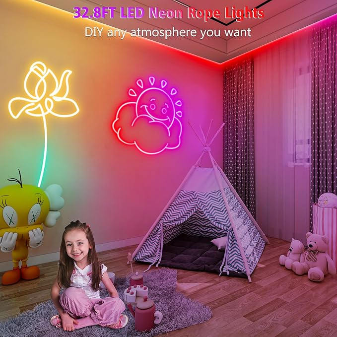 32.8Ft LED Neon Rope Lights, RGB Built in Chip Neon Strip Lights with Remote APP Control, Music Sync 24V IP68 Waterproof Led Neon Lights for Bedroom Outdoor Gaming Room