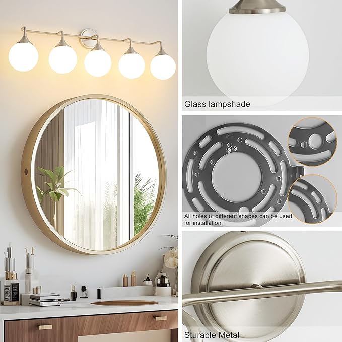 Brushed Nickel Vanity Lights Fixtures, 5-Light Bathroom Vanity Lighting Over Mirror, Modern Bathroom Wall Sconces with Milky White Glass Ball Shades