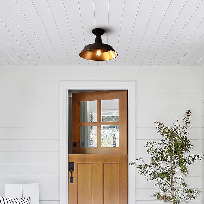 JONATHAN Y 14" Oil Rubbed Bronze/Black Industrial LED Semi Flush Mount Ceiling Light for Porch, Kitchen, Entryway, Modern Farmhouse Iron Fixture, White Metal Shade, LED Bulb Included (JYL7617G)
