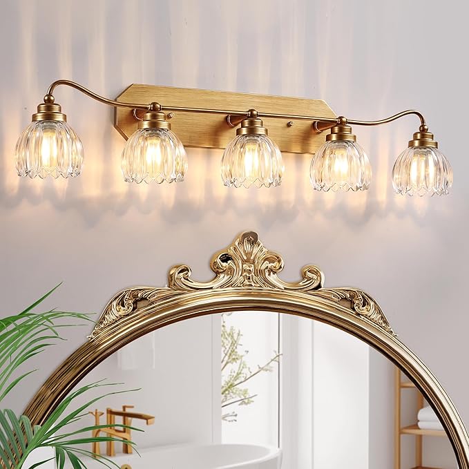 Vintage Bathroom Light Fixtures, 5 Light Gold Bathroom Vanity Light, Matte Antique Brass Finish with Crystal Glass Shade, Wall Sconces Lighting for Bedroom, Living Room, Hallway
