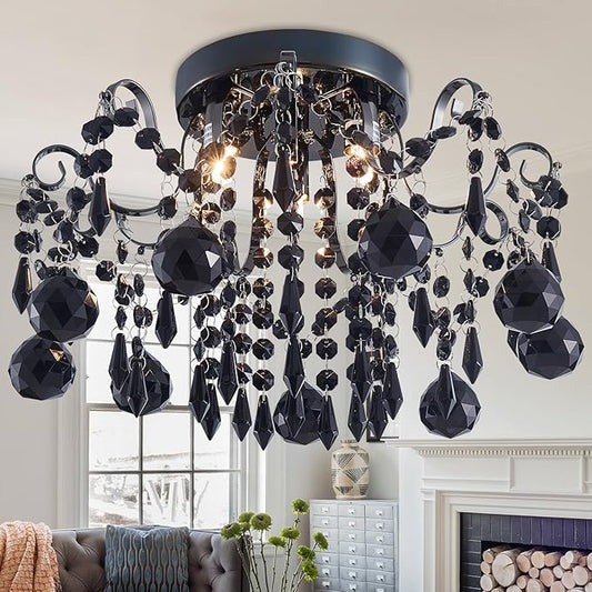 Rain Drop Crystal Small Crystal Chandelier Ceiling Light 3-Light Fixture Modern Chrome Iron Material Suitable for Bedrooms, Hallways, Walk-in Closets, Entryways, Stairwells (Black)