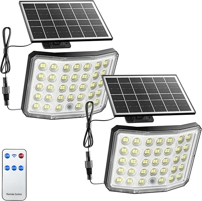 Solar Lights Outdoor Bright Solar Dusk to Dawn Light with 3000 Capacity, IP65 Waterproof Remote Control Outdoor Light, 3 Working Modes for Garage, Porch, Patio, Shed, 2-Pack