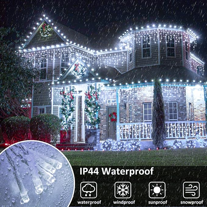 Icicle Christmas Lights Outdoor - 16.5FT 200 LED Icicle Lights for Outside Waterproof with 8 Modes, Connectable Curtain String Light for Bedroom House Party Wedding Holiday Decorations, Cool White