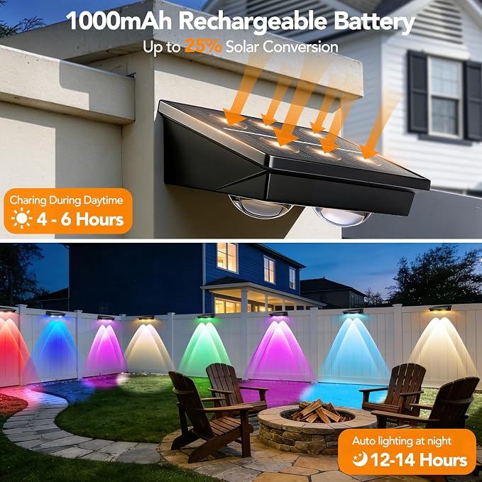 Solar Fence Lights Outdoor 8Pack, Warm White & RGB 6 Color and Glass Panel, Waterproof High Brightness Solar LED Spot Lens Deck Lights for Outside Stairs, Porch Step, Railing, Backyard, Patio