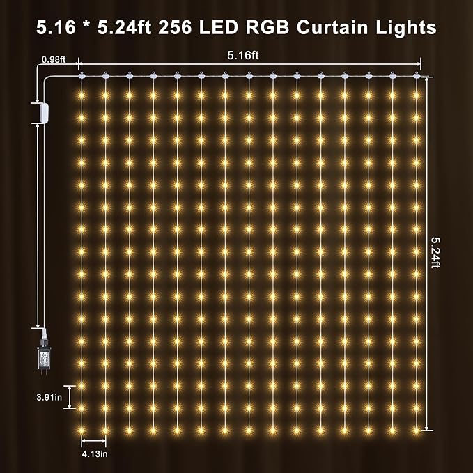 Color Changing Curtain Lights, 256 LED Red White Blue Window Curtain Lights with Remote, 5.16 * 5.24ft Plugin July 4th Window Fairy Light for Christmas July 4th Halloween Bedroom Wedding Home Decor