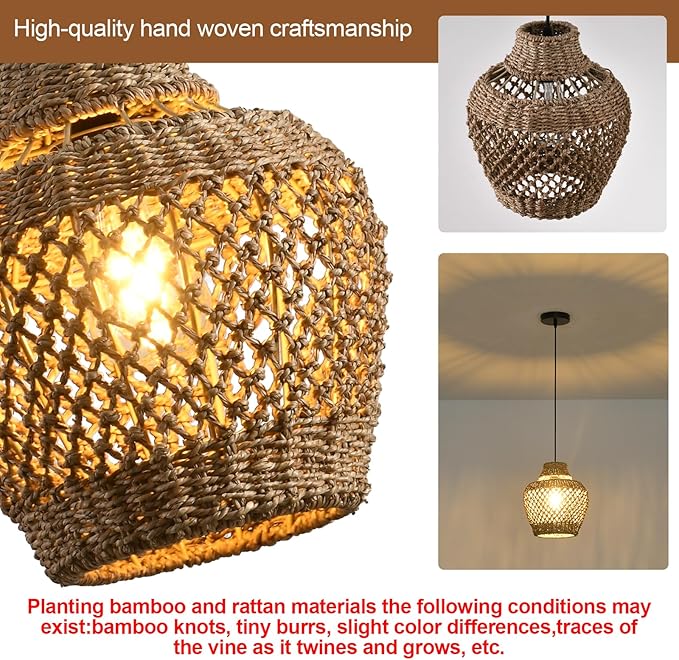 Rattan Pendant Light Fixtures,11.02" Boho Rattan Pendant Light,2-Pack Hand Woven Seagrass Chandelier for Workplace Occasions Restaurants Dining Living Bedroom Kitchen Farmhouse