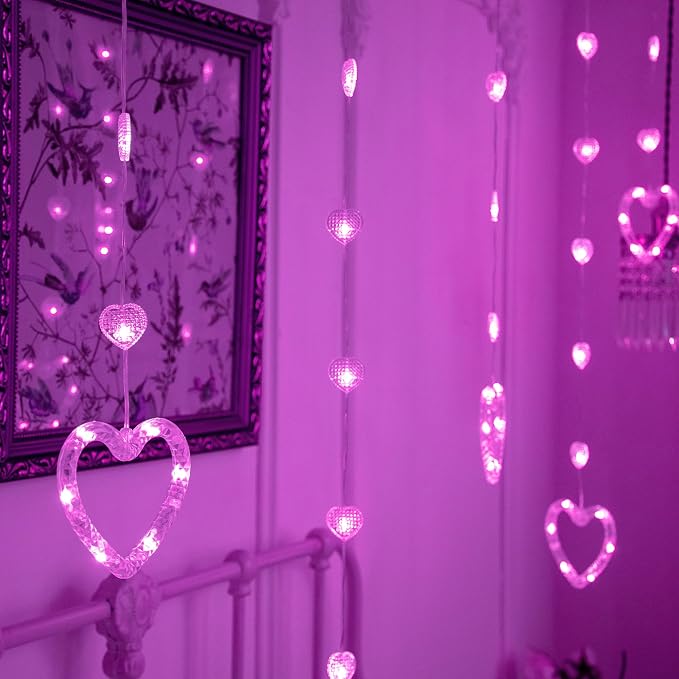 YOLIGHT Heart Curtain Lights, 9.8ft Valentine's Day Decoration, USB sLED Hearts String Lights, Light up Heart Hanging Lights for Valentines Mother's Day Room Decor (Pink)