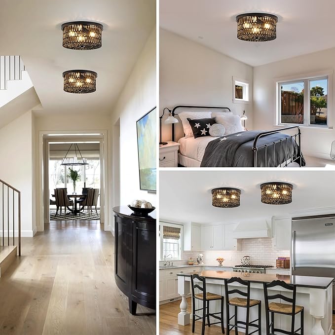 Black Rattan Light Fixture, 3 Light Flush Mount Ceiling Light, Boho Ceiling Light for Hallway, Entryway, Bedroom, Kitchen