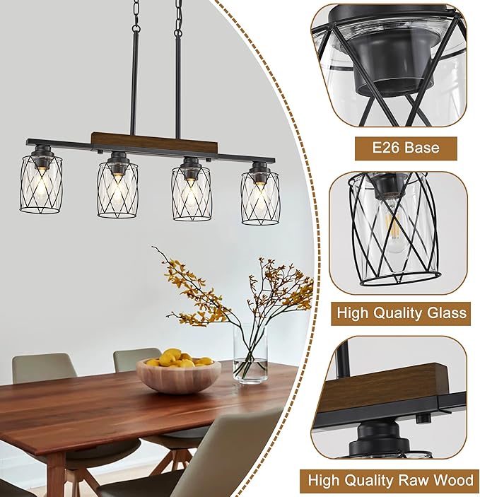 4-Light Dining Room Light Fixture/Chandelier Over Table, Island Lighting Hanging for Farmhouse Linear Chandeliers Matte Black Rustic Wood Ceiling Pendant Light Fixtures, with Clear Glass Shade