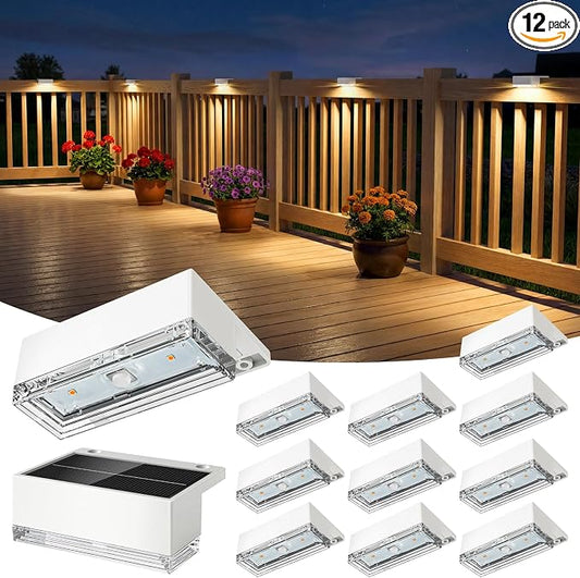 JOFIOS Solar Deck Lights 12 Pack, 3 Color Modes Soft Warm/Natural/Cool Glow, IP65 Waterproof Step Lights for Outdoor Ambiance, Solar Lights for Fence, Deck, Railing, Patio & Backyard Decor (White)