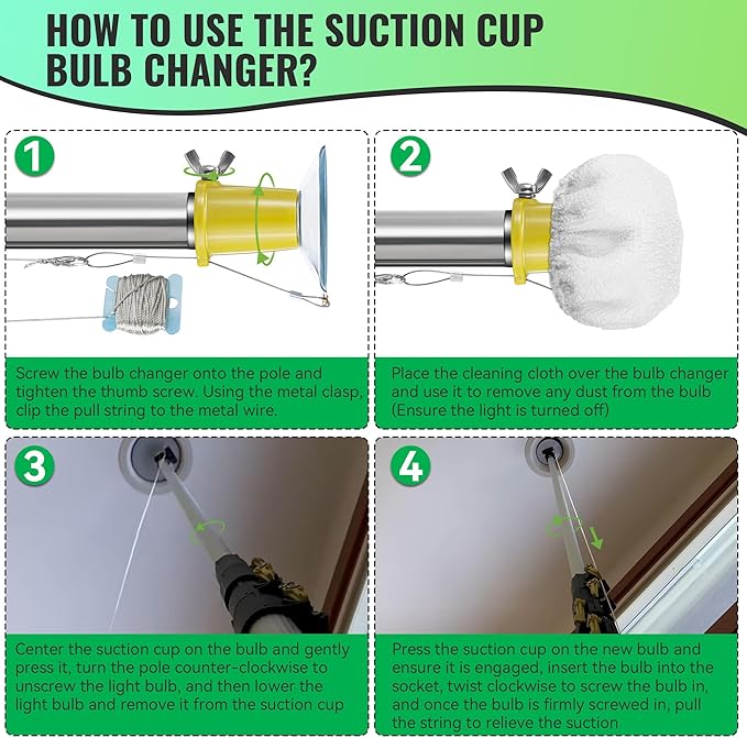 Dreyoo 4 Pieces Set Light Bulb Changer, Suction Cup and Cage Changer for Incandescent, Floodlight, Broken Bulb and Recessed Lights, Compatible with Standard Extension Pole, Pole Not Included (Yellow)