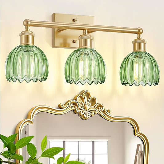 Bathroom Light Fixtures Over Mirror,3 Light Vintage Bathroom Vanity Lights,20 in Brushed Brass Antique Vanity Light with Green Tulip Glass Shade for Bedroom, Living Room, Foyer,E26 Base