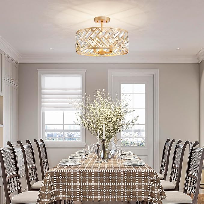 AGV LIGHTING CL052G K9 Crystal Ceiling Light, Flushmount Ceiling Light Fixture for Living Room, Close to Ceiling Modern Design, 3-Lights, D15 x H11 in, Clear Crystal & Gold Finish Frame