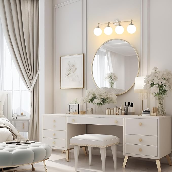 Brushed Nickel Vanity Lights Fixtures, 4-Light Bathroom Vanity Lighting Over Mirror, Modern Bathroom Wall Sconces with Milky White Glass Ball Shades