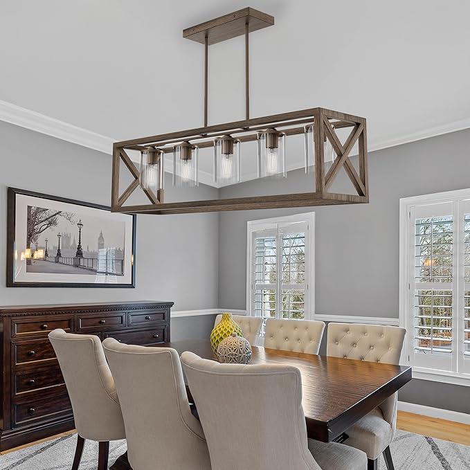 Espird Upgraded Burlywood Dining Room Light Fixture - 5 Light Rectangle Light Fixtures with Clear Glass Shade& Adjustable Height& Thickened Metal Dining Table Lights Fixture Chandeliers for DiningRoom