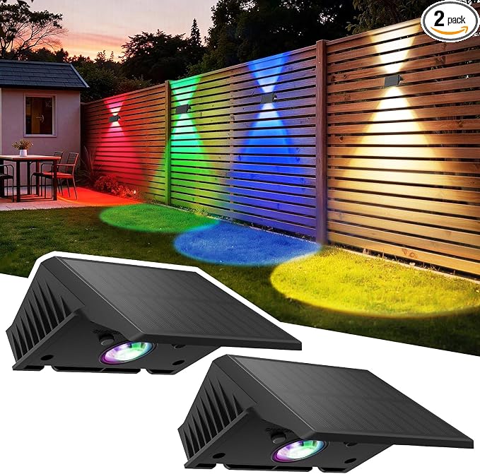 Solar Fence Lights Outdoor, 2 Pack Solar Up Down Wall Lights for Outside, IP67 Fence Lights Solar Powered Dusk to Dawn Auto-Work for Patio Garden Backyard Porch Deck Pathway Step (White&RGB)