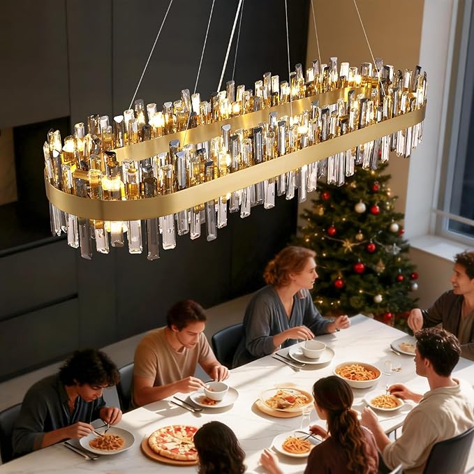Siljoy Gold Crystal Chandelier for Dining Room, Large Modern 2-Tiers K9 Crystal Raindrop Chandelier, 20 Lights Luxury Adjustable Hanging Ceiling Light for Living Room Kitchen Island Bar L52''